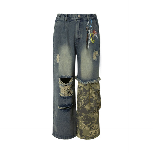 Camouflage Patchwork Wide-Leg Denim Jeans WN14478
