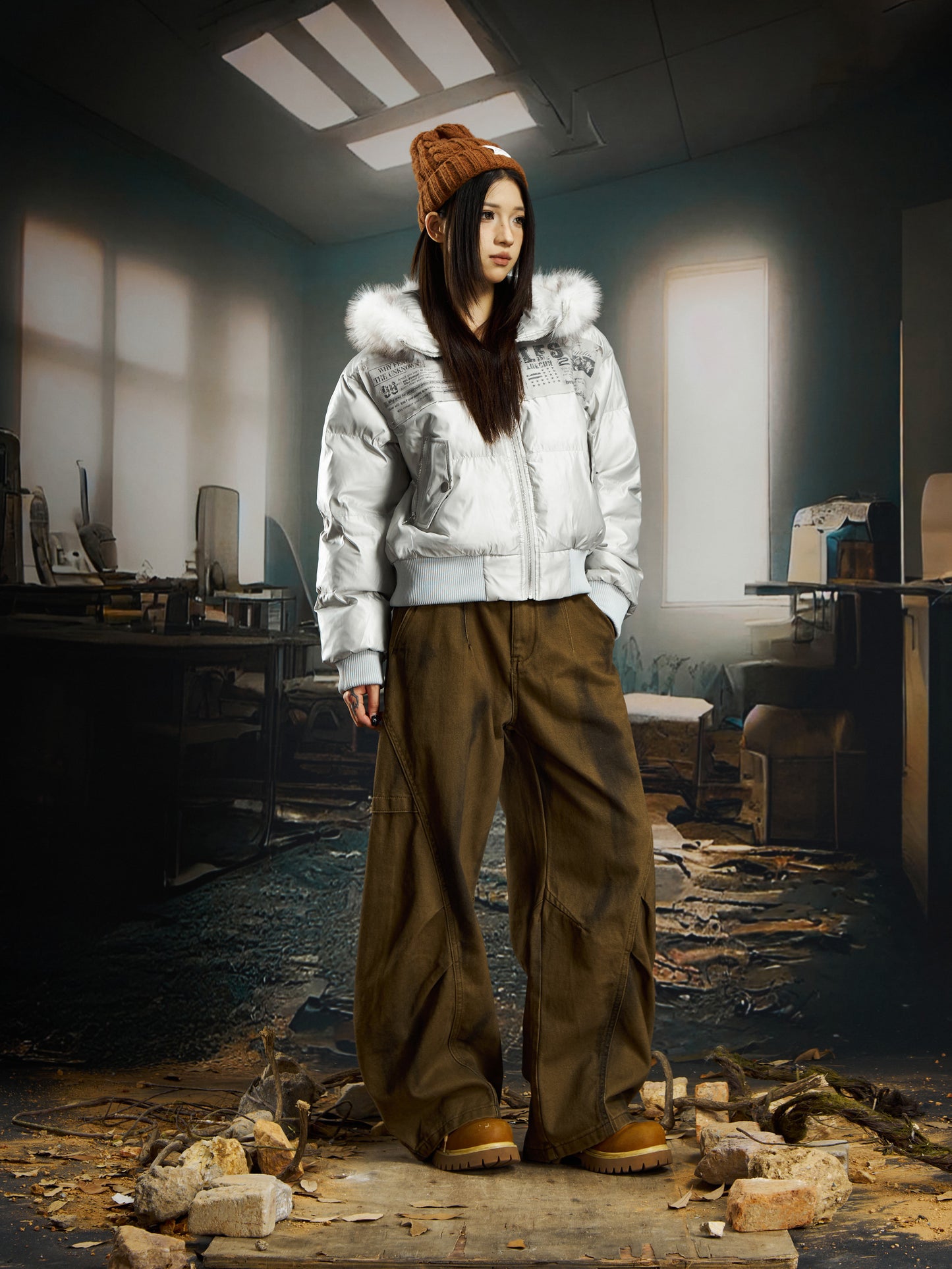 Patchwork Fur Collar Cropped Hooded Short Puffer Jacket WN22757