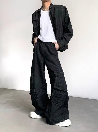 Washed Pockets Design Curved Flare Denim Jeans WN21957