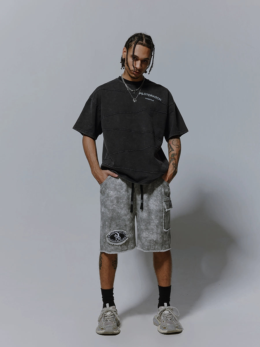 Washed Irregular Line Letter Print Short Sleeve T-Shirt WN17502