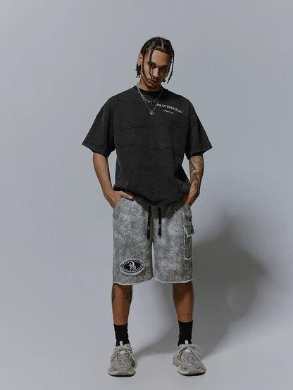 Washed Irregular Line Letter Print Short Sleeve T-Shirt WN17502