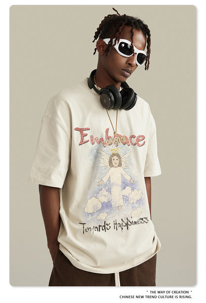 Oversize Angel Print Round Neck Short Sleeve T-Shirt WN7893