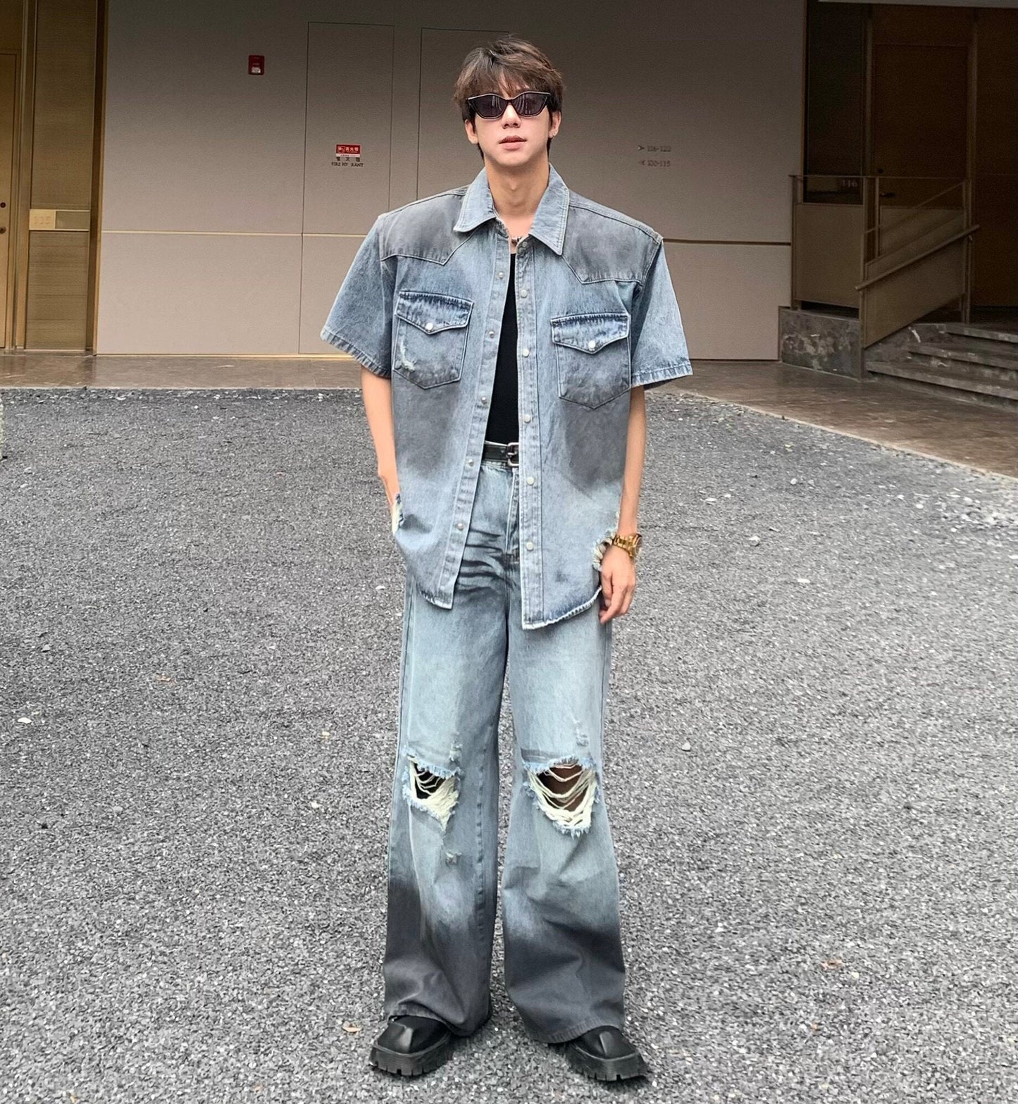 Damage Wash Shoulder-pad Denim Short Sleeve Shirt & Damage Wide Leg Denim Jeans Setup WN25233