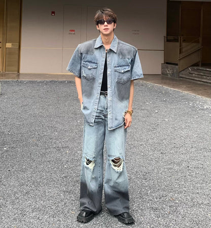 Damage Wash Shoulder-pad Denim Short Sleeve Shirt & Damage Wide Leg Denim Jeans Setup WN25233