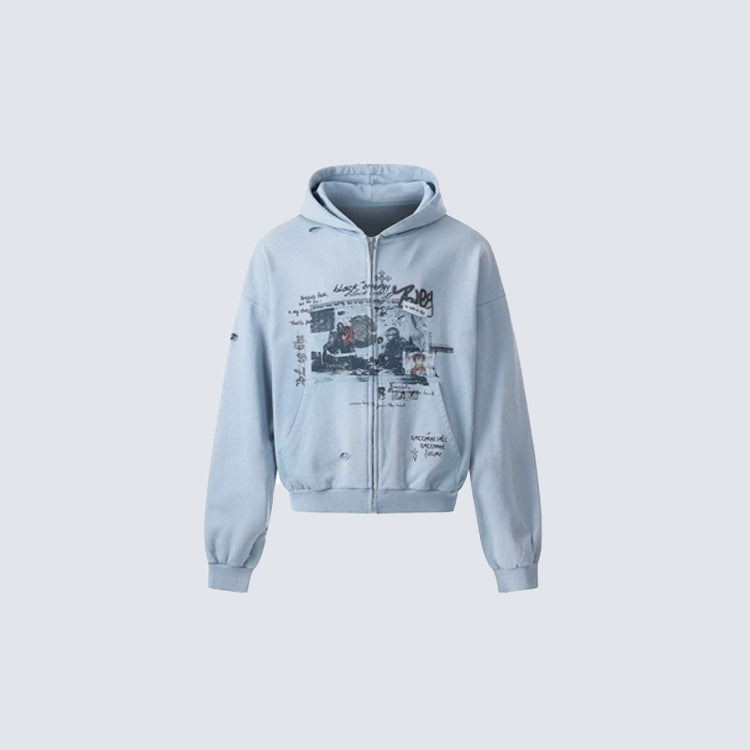 Graffiti Print Washed Damage Zipper Hoodie WN27940