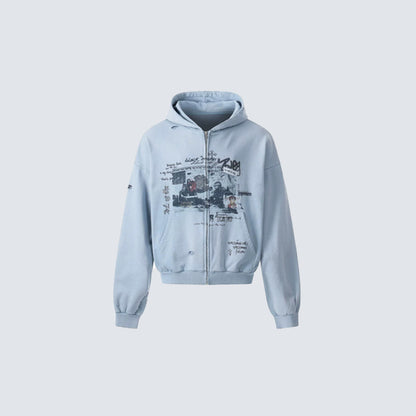 Graffiti Print Washed Damage Zipper Hoodie WN27940