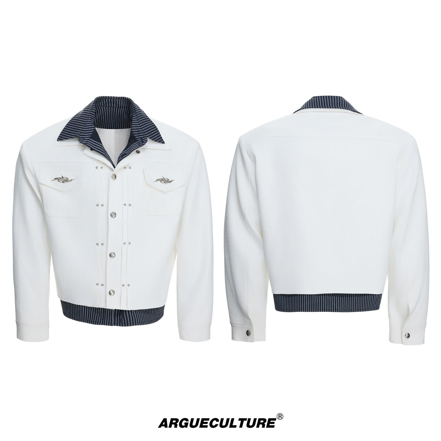 Stripe Fake Layered Metal Button Short Jacket WN23308