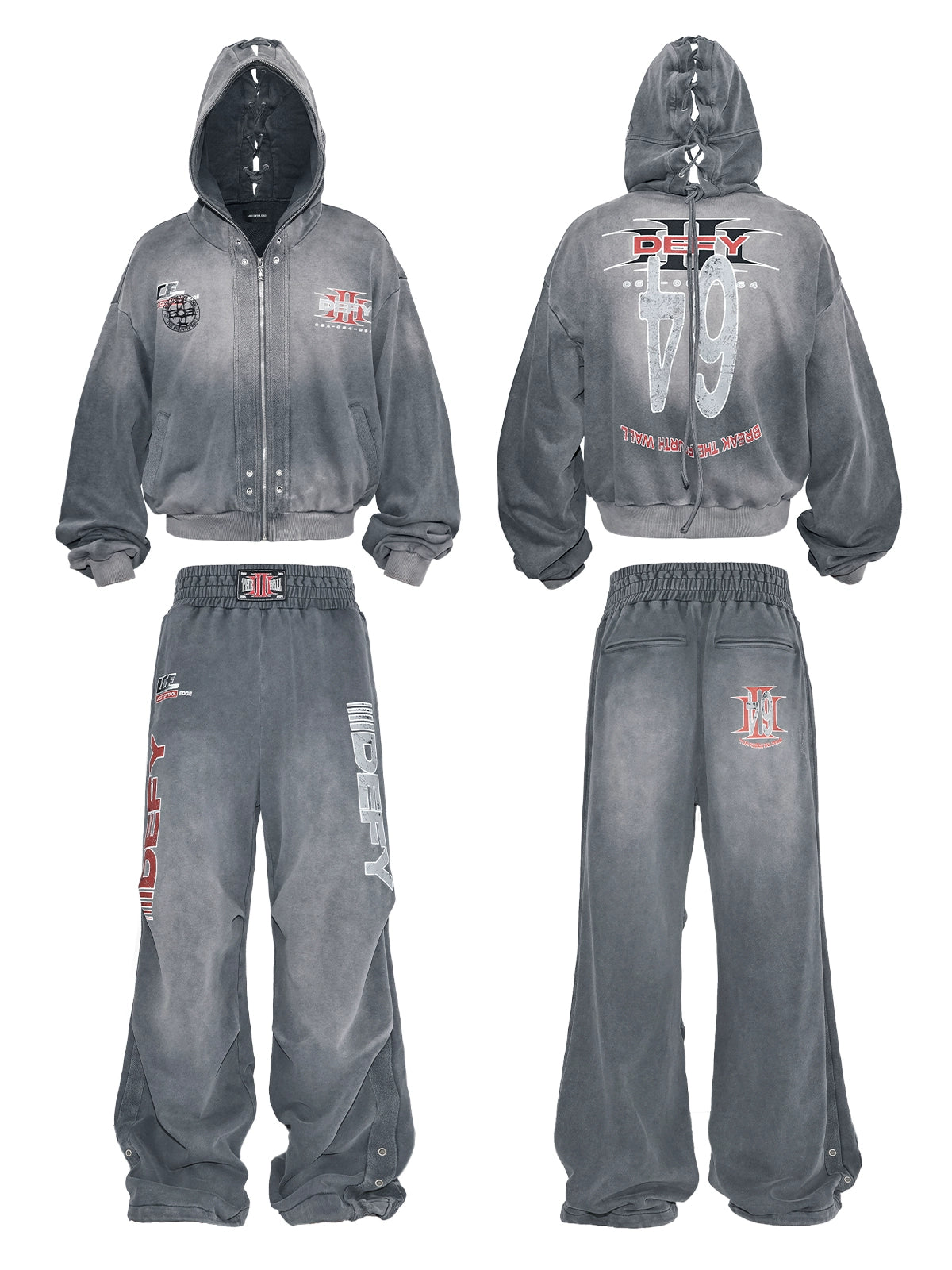 Graphic Print Zipper Hoodie & Washed Eyelet Pants Setup WN20837