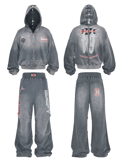 Graphic Print Zipper Hoodie & Washed Eyelet Pants Setup WN20837