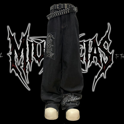 Graphic Letter Patchwork Wide Leg Denim Jeans & Belt & Chain WN20137