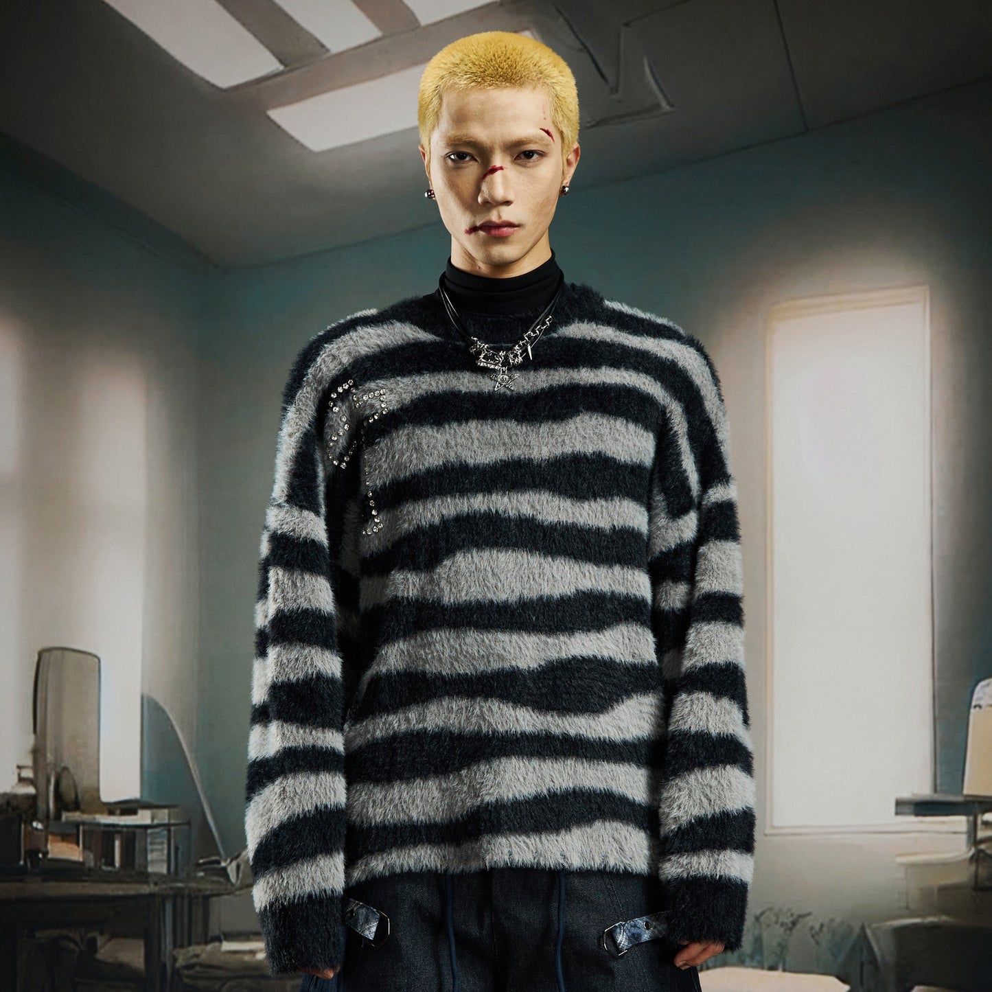 Striped Rhinestone Fake Mohair Oversize Knit Sweater WN22733