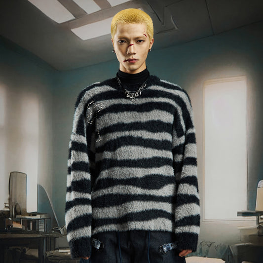 Striped Rhinestone Fake Mohair Oversize Knit Sweater WN22733