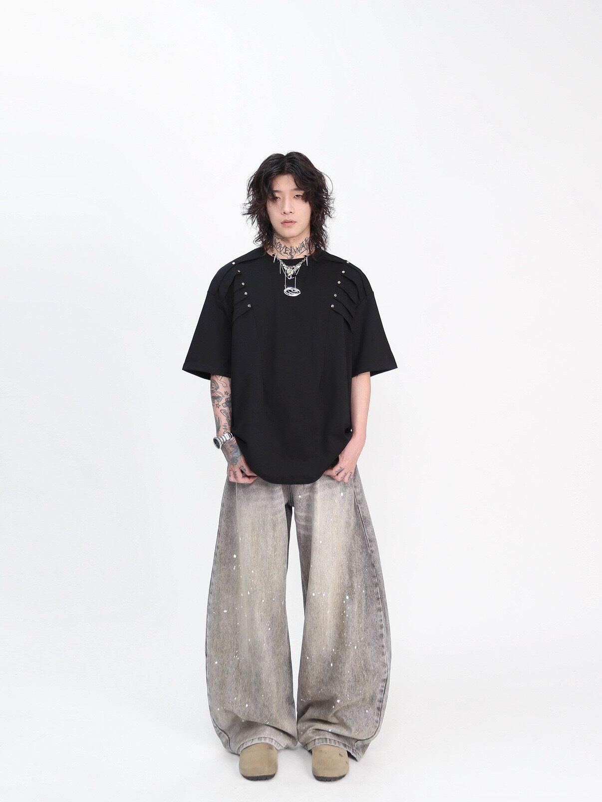 Metal Rivet Pleats Oversize Short Sleeve T-Shirt WN24410