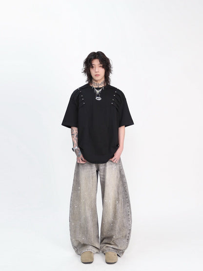 Metal Rivet Pleats Oversize Short Sleeve T-Shirt WN24410