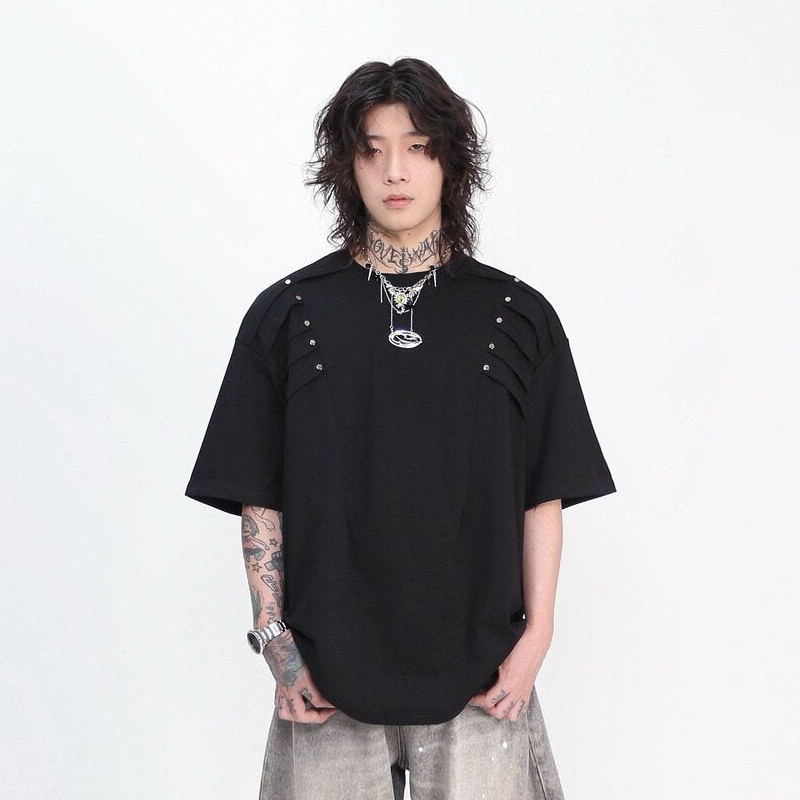 Metal Rivet Pleats Oversize Short Sleeve T-Shirt WN24410