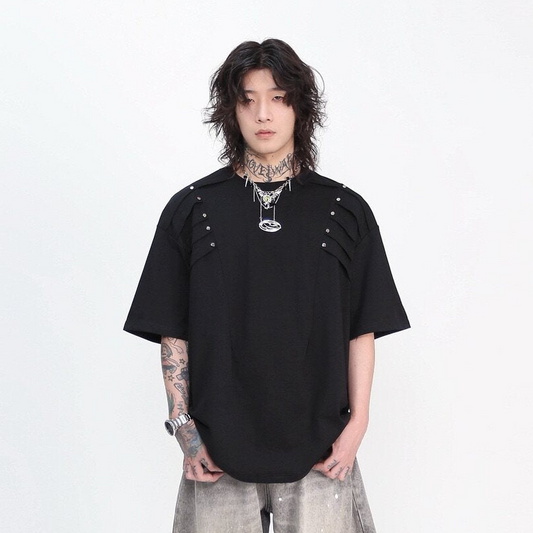 Metal Rivet Pleats Oversize Short Sleeve T-Shirt WN24410