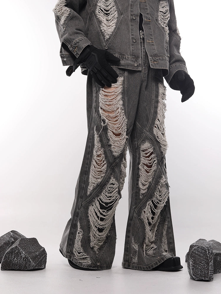 Frayed Washed Damage Wide Leg Denim Jeans WN18687