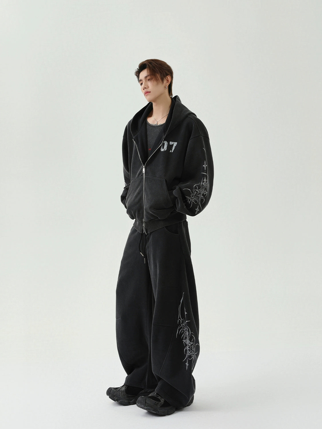 Double Zipper Embroidery Hoodie & Wide Leg Swaetpants Setup WN16285