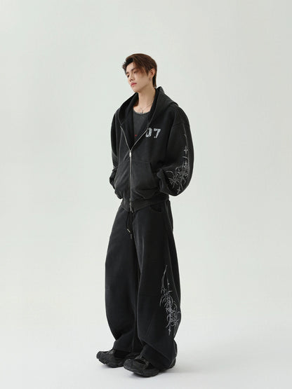 Double Zipper Embroidery Hoodie & Wide Leg Swaetpants Setup WN16285