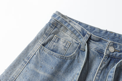 Rhinestone Drawstring Wide Leg Denim Jeans WN25560