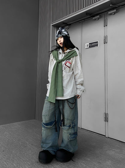 Multi-Pocket Washed Curved Wide Leg Cargo Denim Jeans WN24221