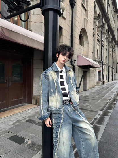 Fringe Damage Wash Denim Jacket & Wide Leg Denim Jeans Setup WN20756