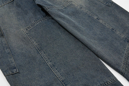 Washed Damage Multi-Pocket Curved Leg Denim Jeans WN26807