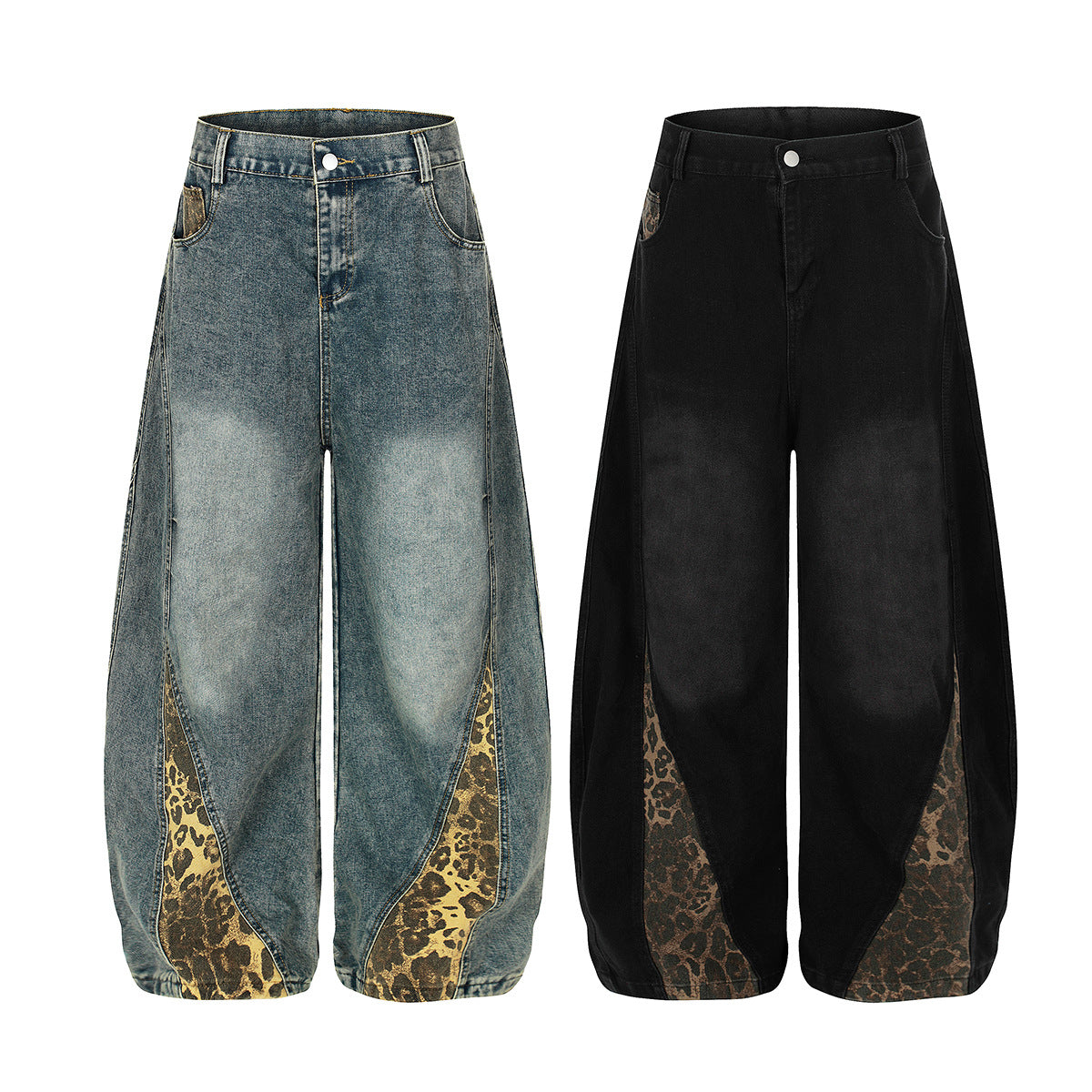 Washed Leopard Panel Curved Denim Jeans WN25514