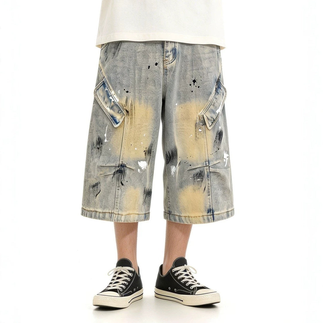Washed Paint Wide Leg Denim Half Jeans WN27823