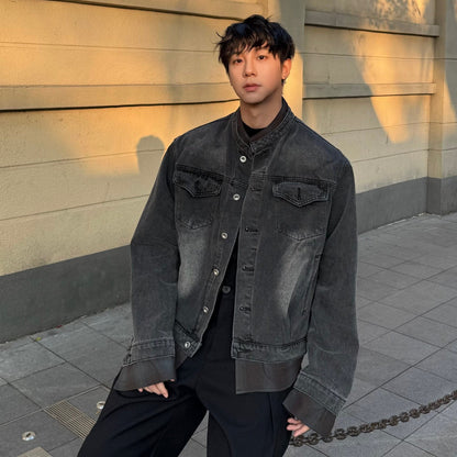 Fake Layered Stand Neck Gradient Wash Denim Jacket & Damage Wide Leg Denim Jeans Setup WN25231