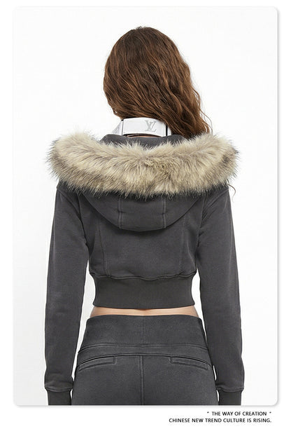 Fake Fur Lining Zip-Up Cropped Zipper Hoodie WN23115