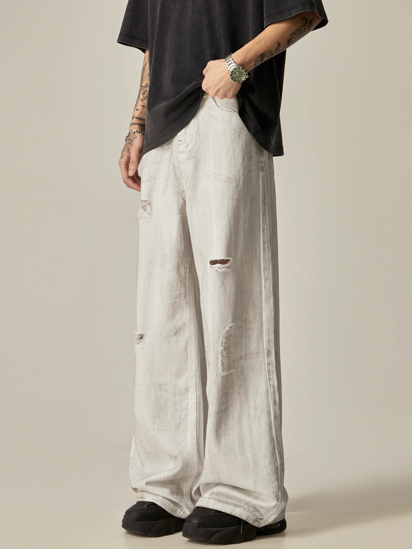 Damaged Wide-Leg Straight Denim Jeans WN7755