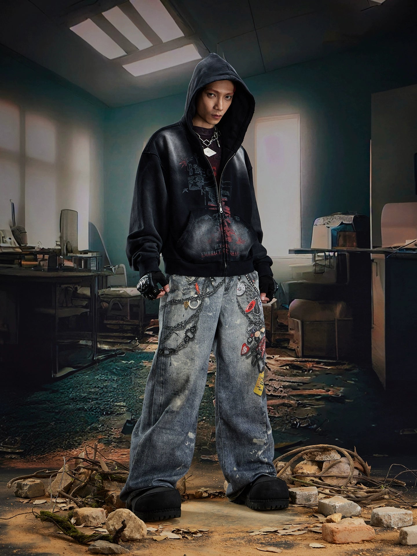 Washed Double-Side Print Zipper Hoodie WN20594