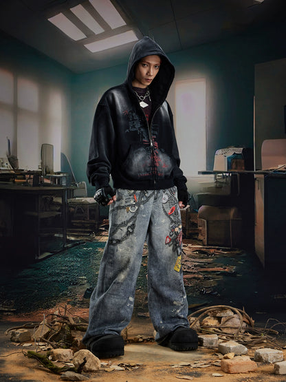 Washed Double-Side Print Zipper Hoodie WN20594