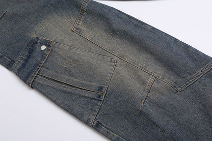 Wide Leg Multi-Pocket Washed Cargo Denim Jeans WN26925