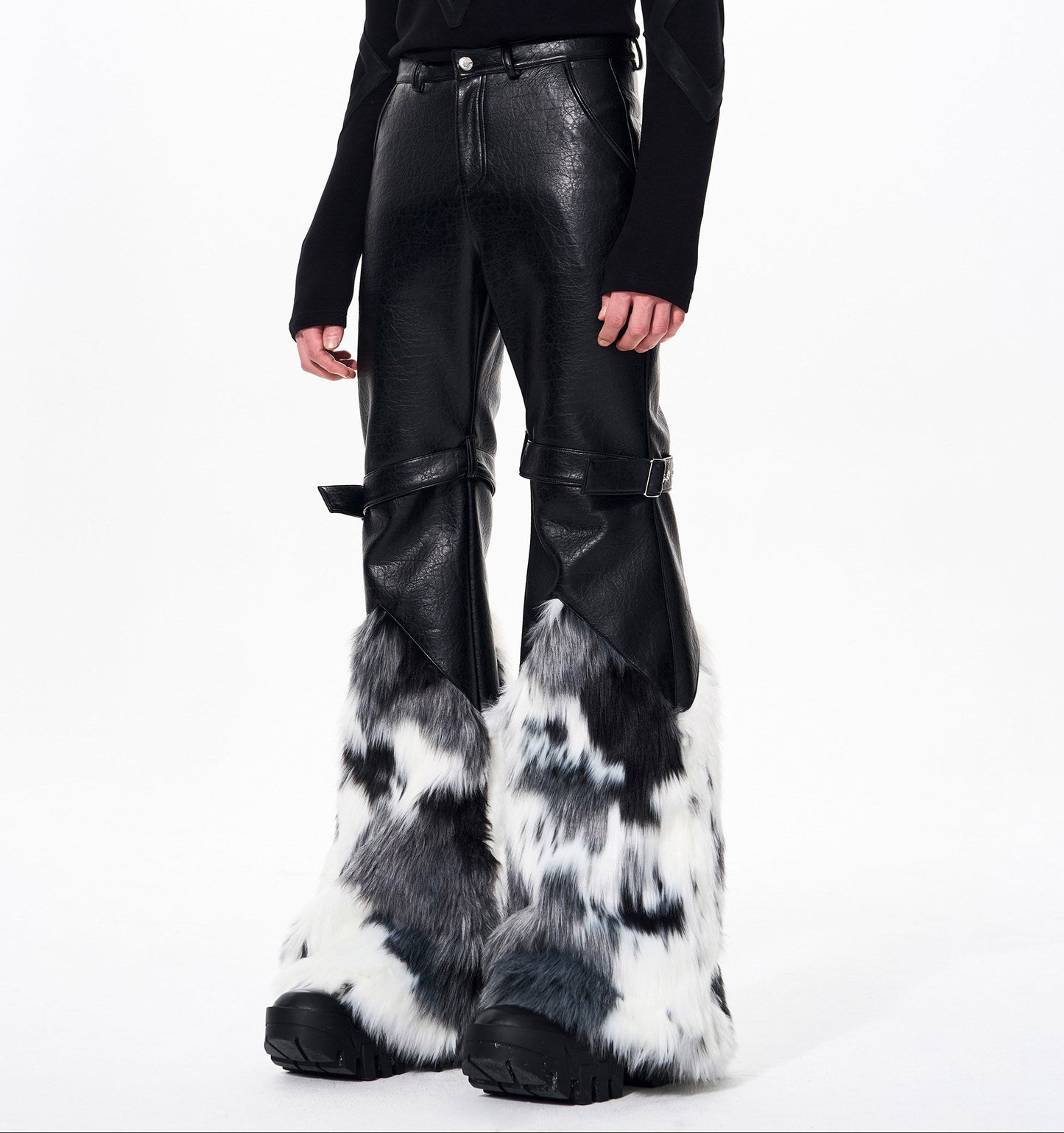 Fake Fur Patchwork Flare Buckle Pants WN23257