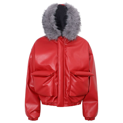 Fake Fur Plush Thick PU Leather Padded Jacket WN22239