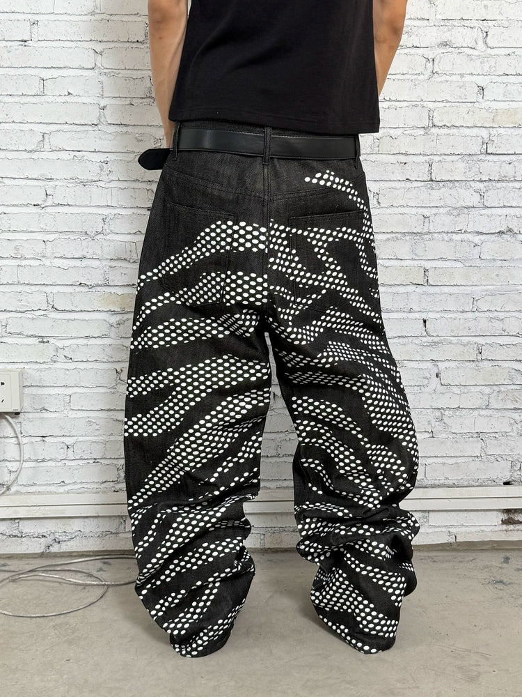 TIGER Dot Print Wide Leg Straight Denim Jeans WN19059