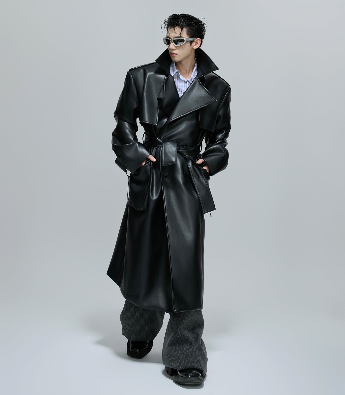 Deconstructed Shoulder-Pad PU Leather Coat WN21707