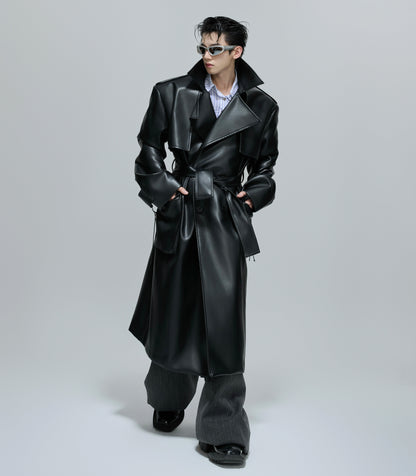 Deconstructed Shoulder-Pad PU Leather Coat WN21707