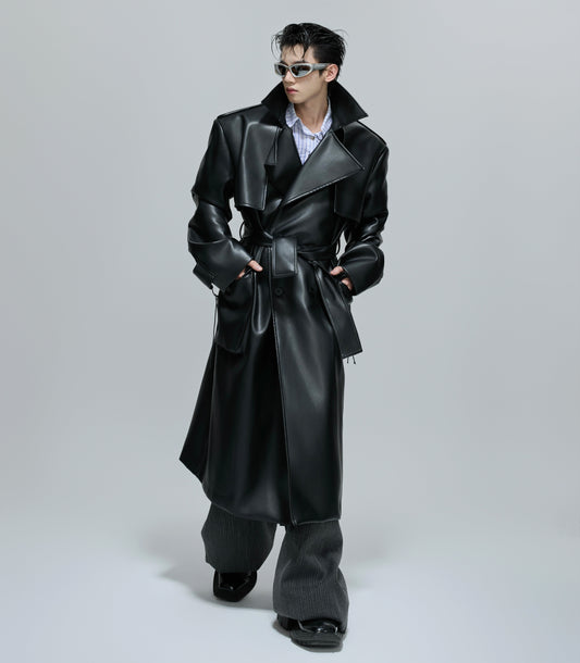 Deconstructed Shoulder-Pad PU Leather Coat WN21707