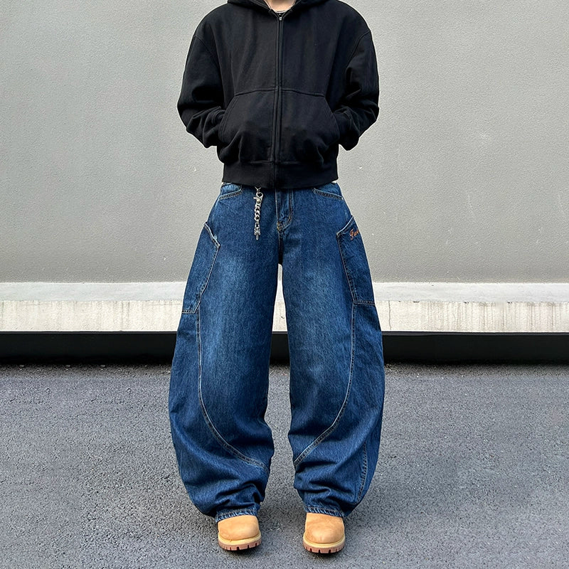 Dark Blue Baggy Wide Leg Denim Jeans WN19424