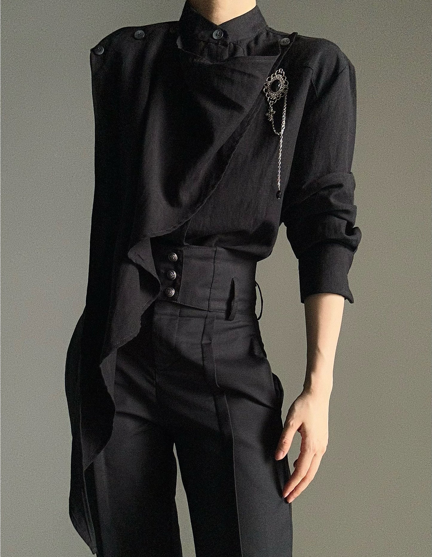 Standing-Collar Asymmetric Drape Long Sleeve Shirt WN23132