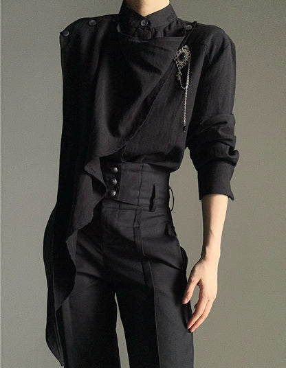 Standing-Collar Asymmetric Drape Long Sleeve Shirt WN23132