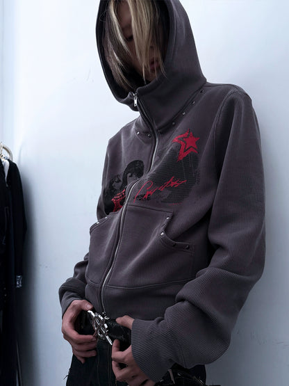 Studs Design Graphic Letter Zipper Hoodie WN20921