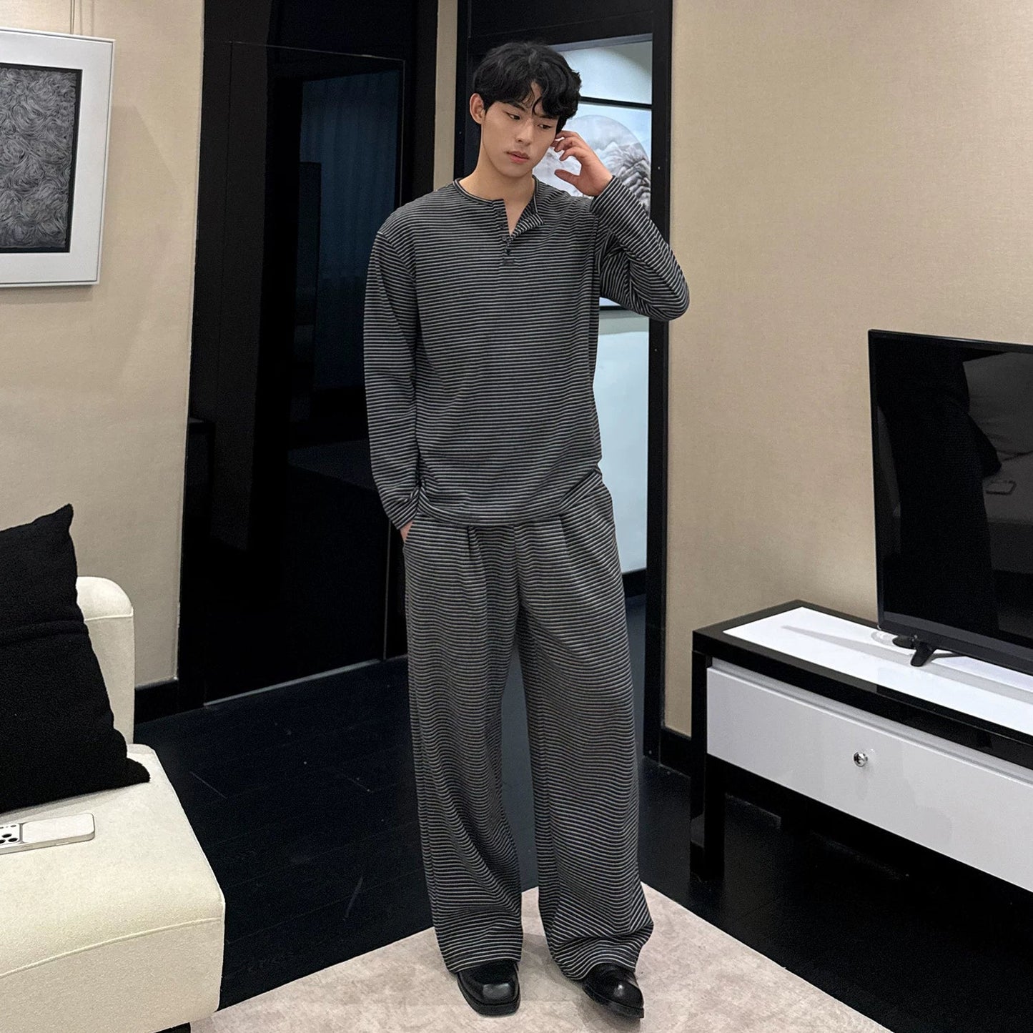 Stripe Henley Collar Long Sleeve T-Shirt & Elastic Waist Wide Leg Pants Setup WN24865