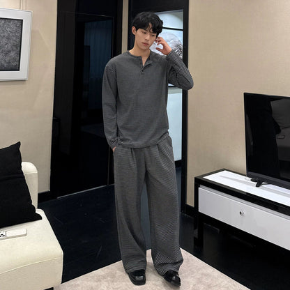 Stripe Henley Collar Long Sleeve T-Shirt & Elastic Waist Wide Leg Pants Setup WN24865