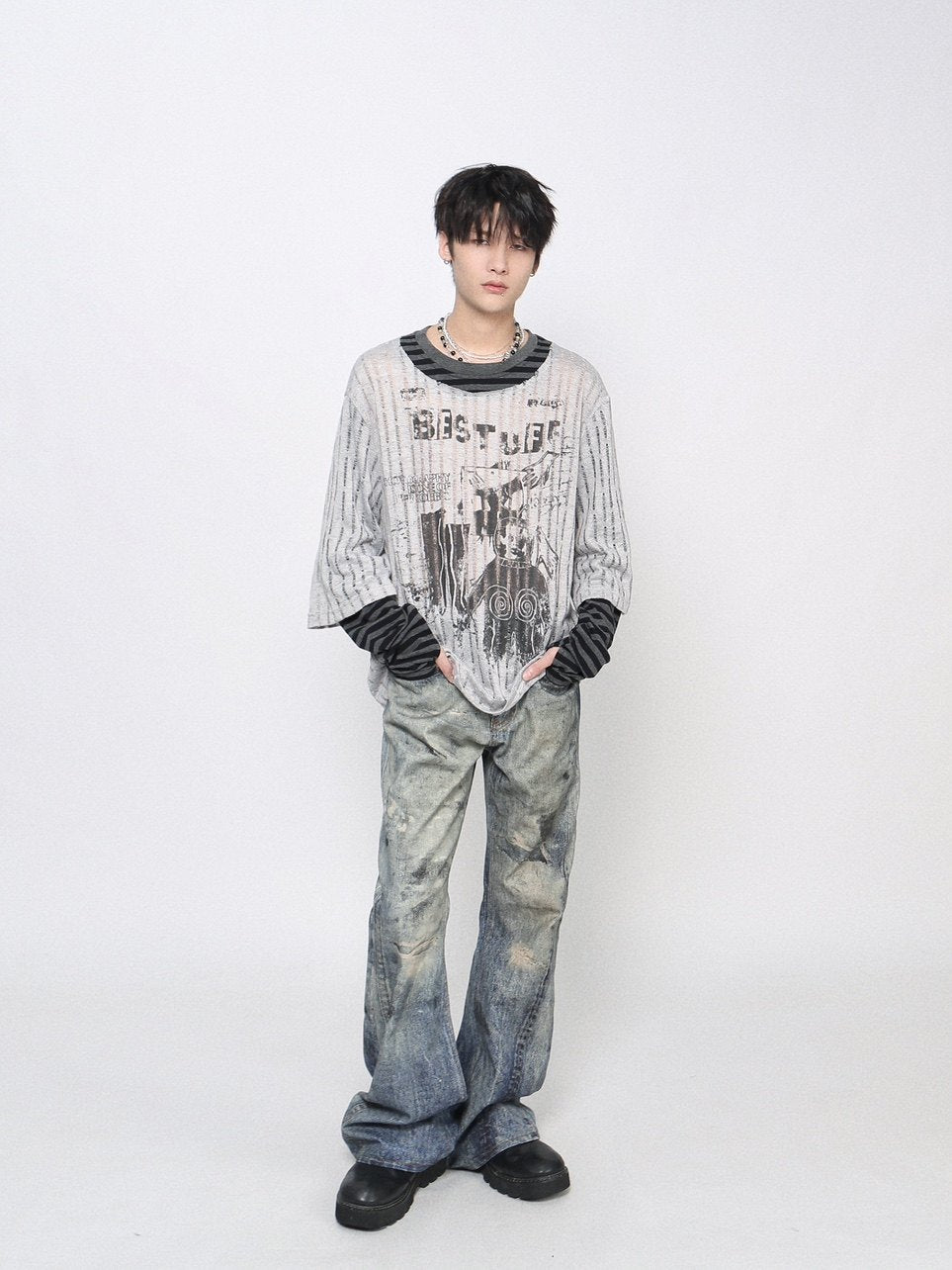 Fake Layered  Stripe Graphic Print Long Sleeve T-Shirt WN24465