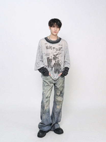 Fake Layered  Stripe Graphic Print Long Sleeve T-Shirt WN24465