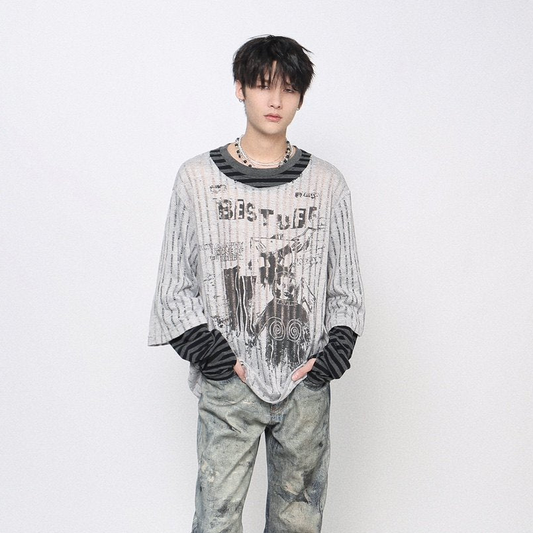 Fake Layered  Stripe Graphic Print Long Sleeve T-Shirt WN24465
